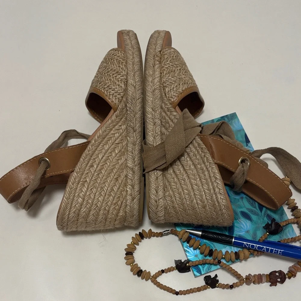 Maypol Spain Tan Espadrille Woven Nude Wedge Sandals Tie Shoes Anthropologie 39